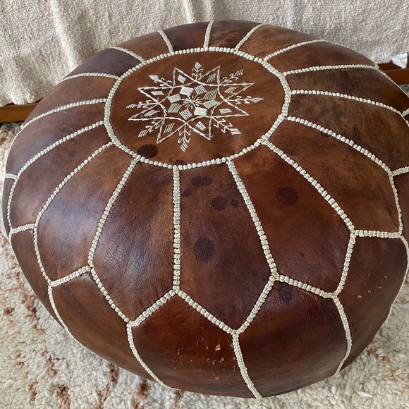 Moroccan Brown Leather Pouf - Picture 2 of 7